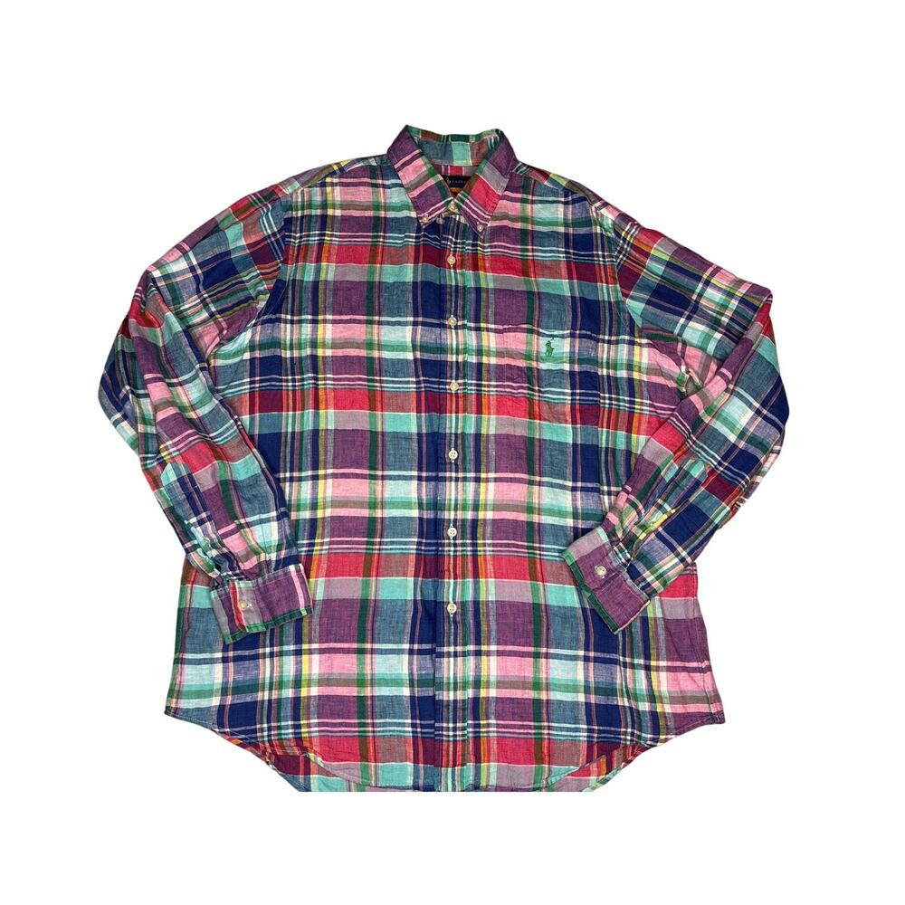 Ralph Lauren TOP men’s L pink purple Madras plaid 100% linen luxury beach